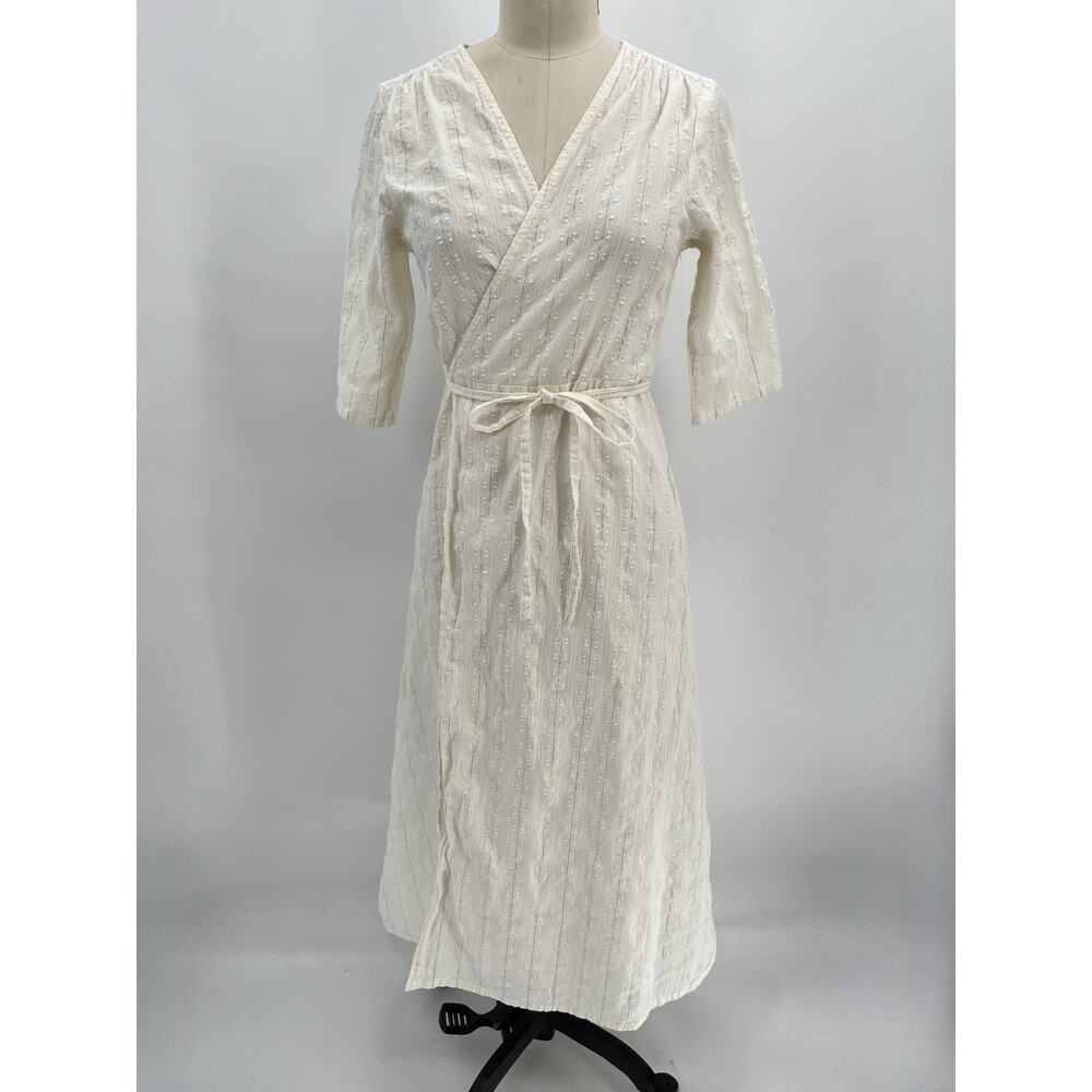 Mata Traders Aditi Wrap Dress Sz M White Lurex Gold Pin Stripe Short Sleeve Midi